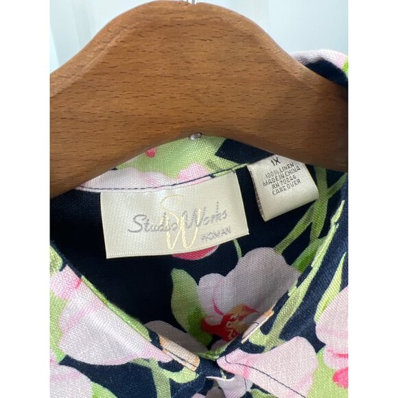 Studio Works Size 1X Basic Navy Floral Shirt Linen Button-Up Roll-Tab Sleeves - Picture 4 of 7